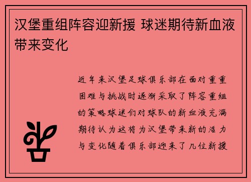 汉堡重组阵容迎新援 球迷期待新血液带来变化