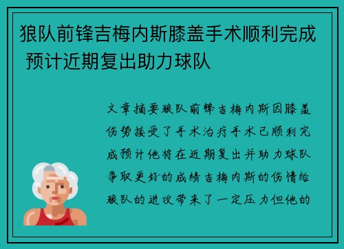 狼队前锋吉梅内斯膝盖手术顺利完成 预计近期复出助力球队